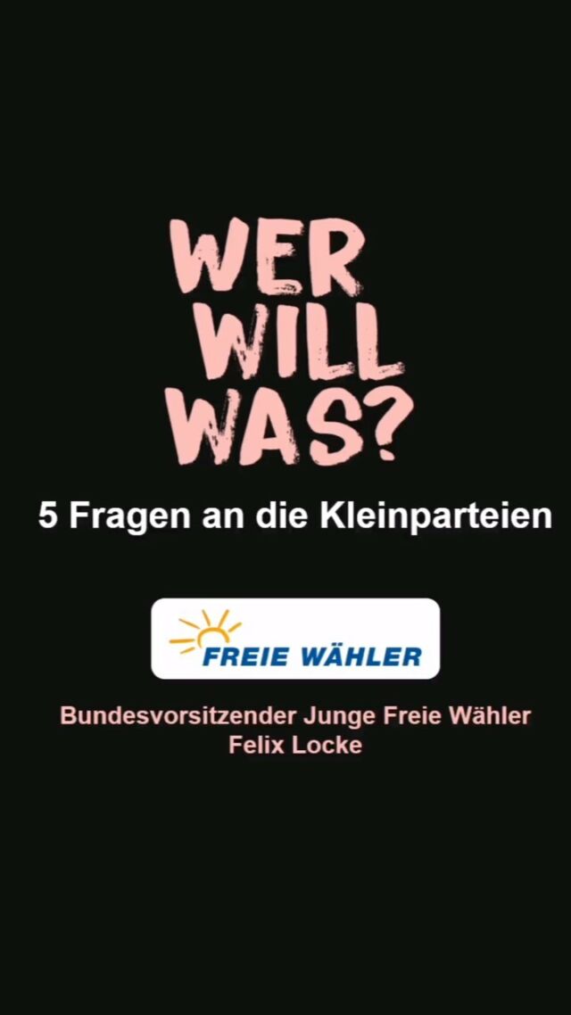 Es geht weiter mit unserer Vorstellung der Kleinparteien. Heute 5 Fragen an den Bundesvorsitzenden der Jungen Freien Wähler, Felix Locke 

@felix_locke_fw 
@fw_bayern 
@fw_muenchen 

#demobewegt #votedafuck #bundestagswahl2021 #btw21 
#freiewähler