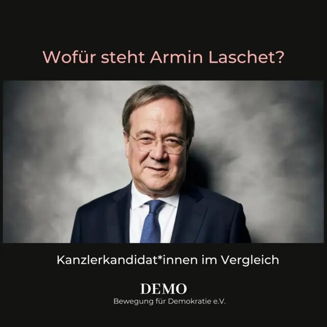 Wir gehen in den Endspurt vor der Bundestagswahl. Wer sich immernoch fragt: "Wen wähl' ich eigentlich?", für den oder die gibt es in den kommenden Tagen noch drei kleine Bonbons zu den Kandidat*innen. Wir richten das Spotlight dabei auf verschiedenste Themen. Wer sich einen umfassenden Überblick wünscht --> ihr wisst Bescheid: das DEMO Parteiprogramm. Los geht's mit Armin Laschet.

#demobewegt 
#bundestagswahl21 
#werwillwas

Quelle: Deutschlandfunk